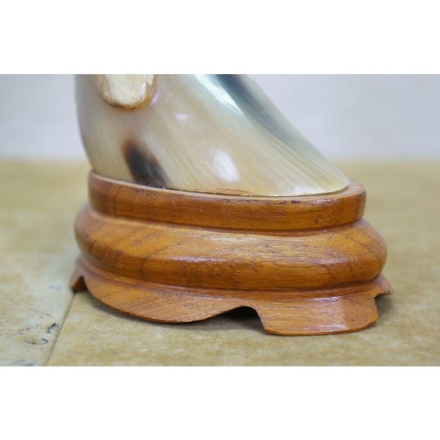 Ivory Mid 20th Century Justa Carved Buffalo Horn Bird Figurine on Wood Base MCM Sculpture For Sale - Image 8 of 11