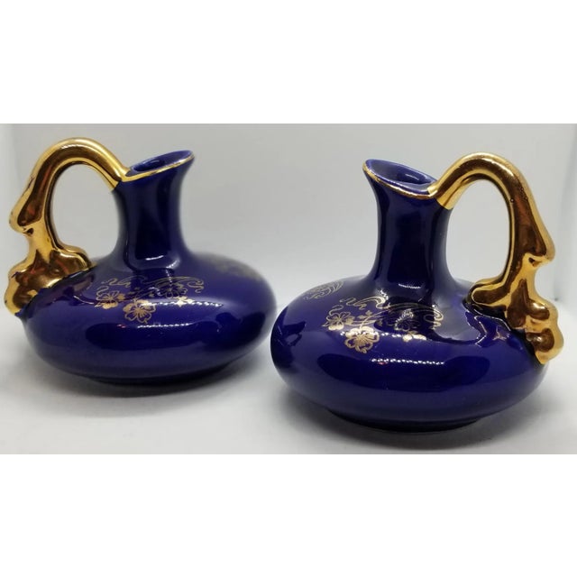 Art Deco Dark Blue Porcelain Pitcher Cruets with 22k Gold Hand Painted Trim - a Pair For Sale In Phoenix - Image 6 of 6