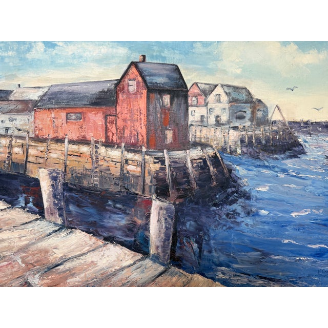 Blue V. Caskey Coastal Harbor Vintage Oil Painting Signed 1975 Maritime Seascape Art For Sale - Image 8 of 12