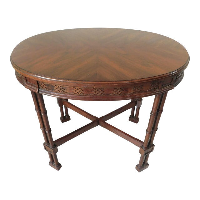 Vintage Mid-Century Oval Faux Bamboo With Fretwork Side/End Accent Table For Sale