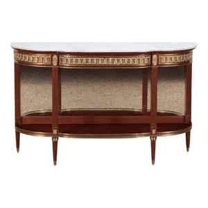 A Louis XVI Style Marble Top Mahogany Bronze Mounted Console Table.