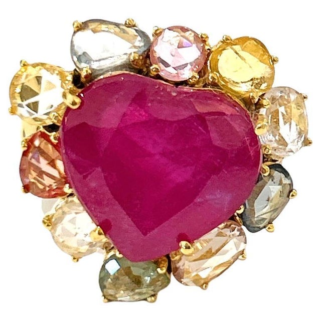 Bochic “Orient” Heart Ruby & Multi Fancy Sapphire Ring Set In 18K Gold & Silver, Size 7 For Sale