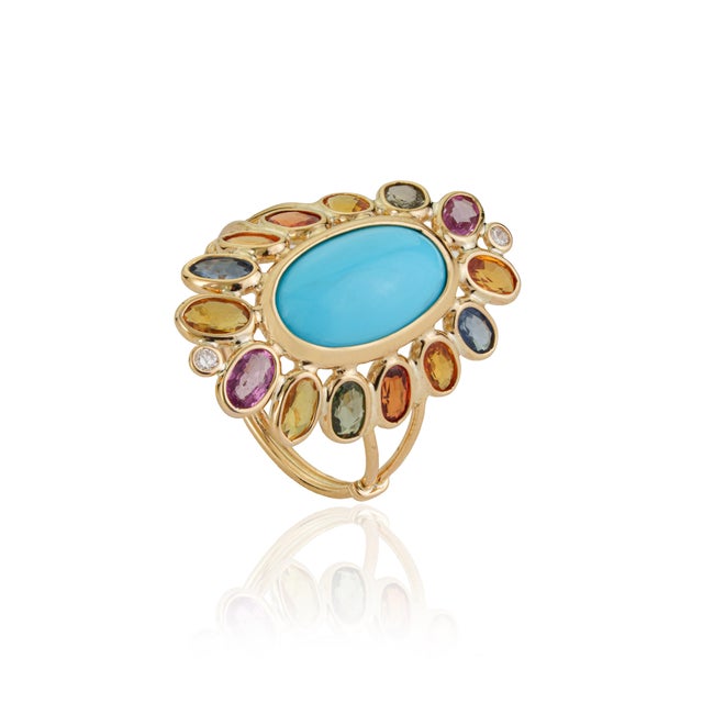 VR Jewels 14k Yellow Gold 6.68ct Oval Turquoise Cocktail Ring Size 4 With Sapphire & Diamond For Sale - Image 4 of 16