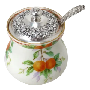 Fine Vintage Hand Painted Lenox Porcelain & Kirk Sterling Silver Marmalade - Jam Jar Set