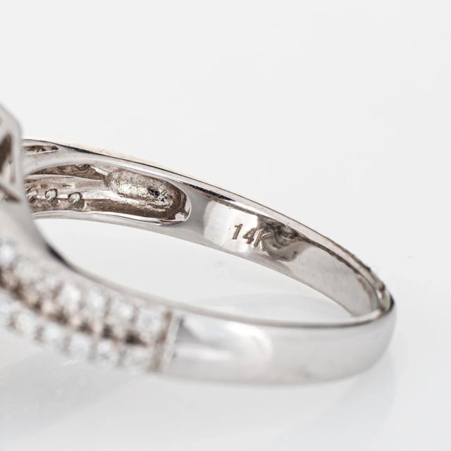 Metal Emerald Diamond Ring Estate 14k White Gold Pear Halo Sz 7 Fine Jewellery For Sale - Image 7 of 7