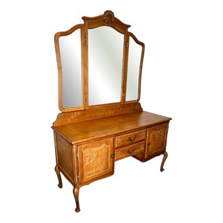 Vintage French Dressing Table with Mirror in Oak For Sale
