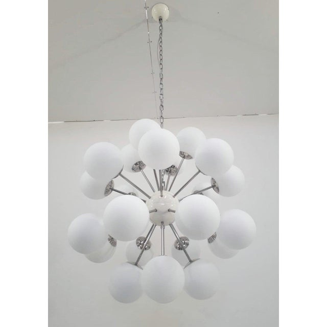 Italian sputnik chandelier with 24 matte white Murano glass globes mounted on polished nickel finish frame / Made in Italy...
