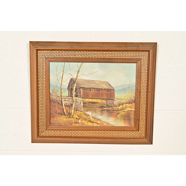 A beautiful original oil painting on canvas of landscape rural country scene with covered bridge in carved walnut and...