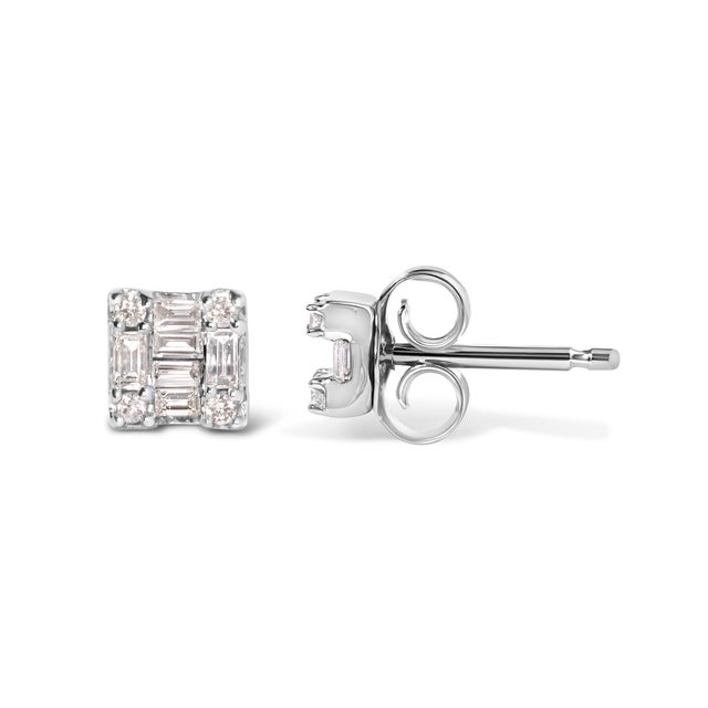 Contemporary 10K White Gold 1/7 Cttw Round and Baguette Diamond Mosaic Square Stud Earrings (H-I Color, I1-I2 Clarity) For Sale - Image 3 of 5