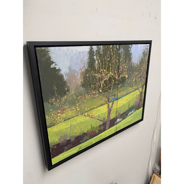 Early 21st Century Backyard, Early Spring by Riley Doyle | Oil on panels Landscape with trees and green fields. For Sale - Image 5 of 5