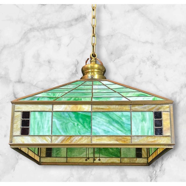 Metal 1930s Arts & Crafts Pendant Light With Green Glass For Sale - Image 7 of 14