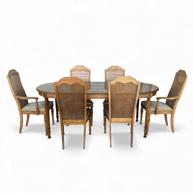 Oak and Cane Dining Set With Oval Extending Table and Six Chairs For Sale - Image 4 of 7