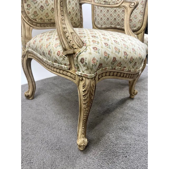 Cream French Louis XV Style Bergère Armchair, Painted Frame, Floral Embroidery, a Pair For Sale - Image 8 of 15