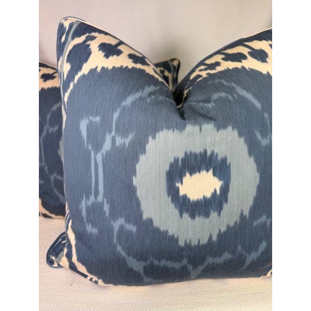 Custom pair of 22" pillows covered in Schumacher "Samarkind Ikat II" in color porcelain. These pillows are self welted,...