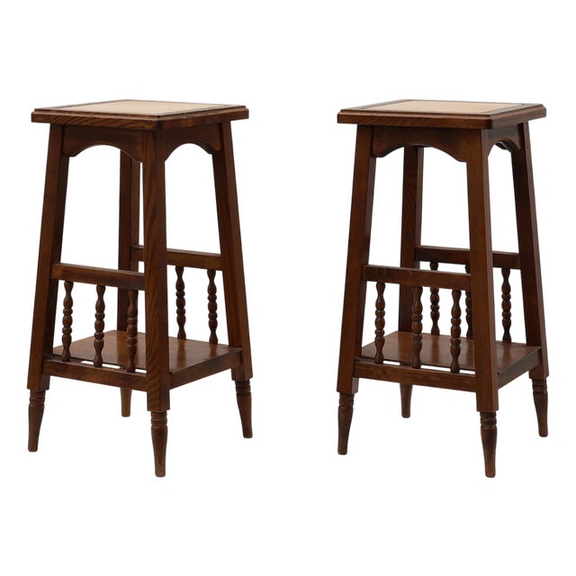 20th Century Rustic Wooden Side Tables with Ceramic Tile Top, France, 1940s, Set of 2 For Sale