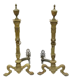 Antique French Empire Bronze Urn Finial Fireplace Andirons With Paw Feet - a Pair