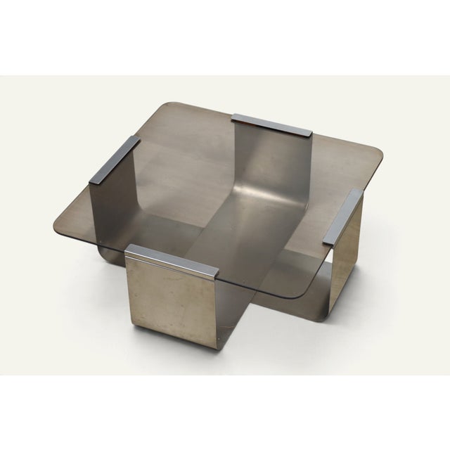 Coffee Table in Brushed Steel and Smoked Glass, 1970s For Sale - Image 13 of 14