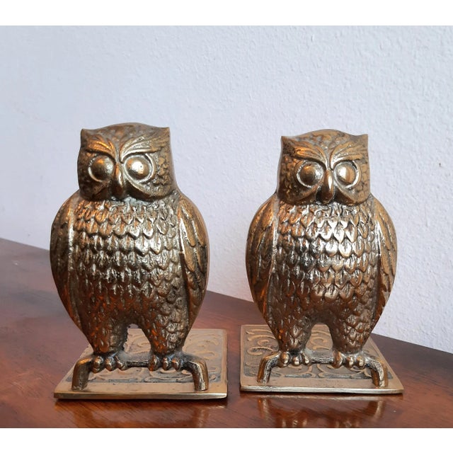 Metal Vintage Brass Owl Bird Bookends Pair For Sale - Image 7 of 7