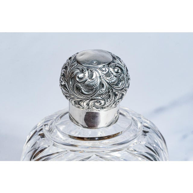 Stunning Edwardian Antique Cut Crystal Perfume Cologne Bottle Sterling Silver Lid Antique Luxury Home Vanity Dressing Table Décor For Sale - Image 4 of 16