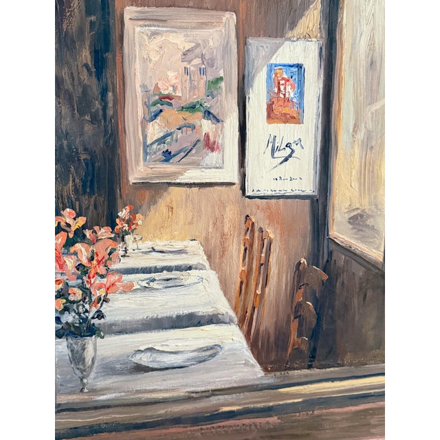 Lovely original Impressionist painting on canvas, featuring a Parisian bistro window scene. Signed David W. Terry, 1991....