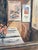 Lovely original Impressionist painting on canvas, featuring a Parisian bistro window scene. Signed David W. Terry, 1991....
