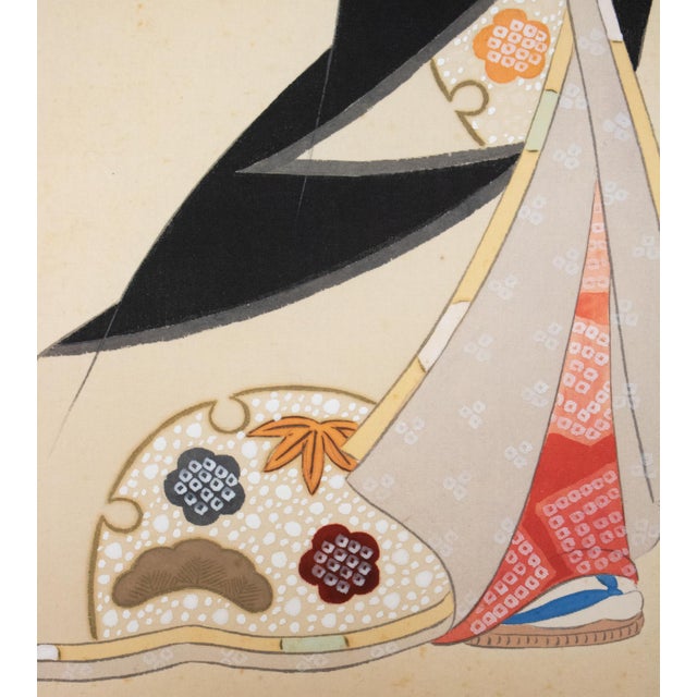"Beauty With a Puppet" by Getsudo, Showa Era Japanese Silk Scroll Painting For Sale - Image 9 of 18