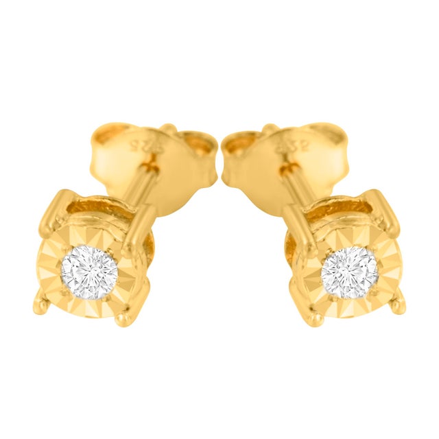 10K Yellow Gold Plated .925 Sterling Silver 1/10 Cttw Round Brilliant-Cut Diamond Miracle-Set Stud Earrings, A Pair For Sale - Image 4 of 6