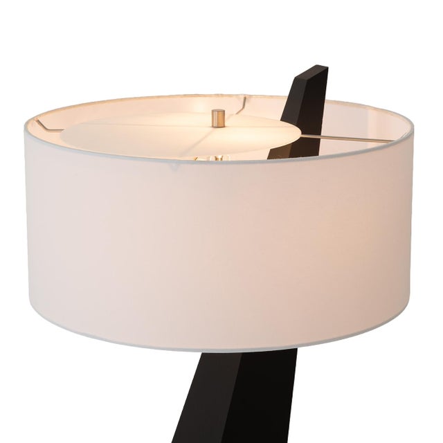 Obelisk Premium Quality Table Lamp, Black Oak, Satin Nickel, White Cotton-Linen Shade, Energy-Efficient Led Compatible For Sale In Los Angeles - Image 6 of 7