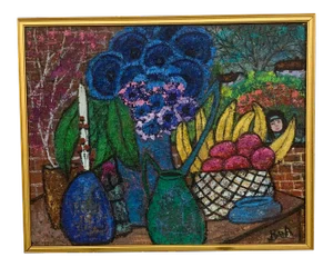 Contemporary Expressionist Folk Art Style Still Life with Bananas and Flowers Oil Painting by Bea Haverbusch, Framed