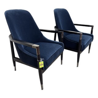 Modern Navy Blue Velvet Slope Lounge Chairs - A Pair For Sale