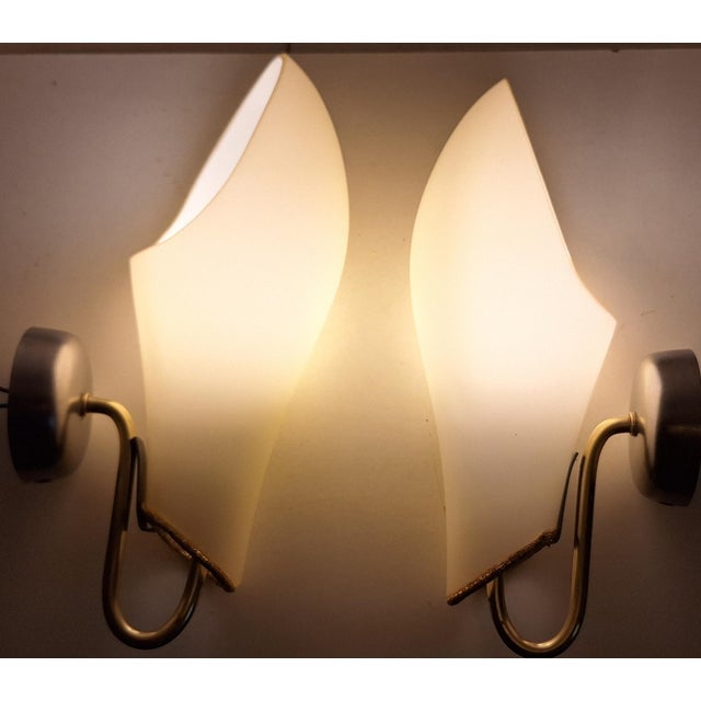 Cream Mid-Century Wall Lamps with Cream-Colored Glass Shades on Metal Mounts1950s, Set of 2 For Sale - Image 8 of 17