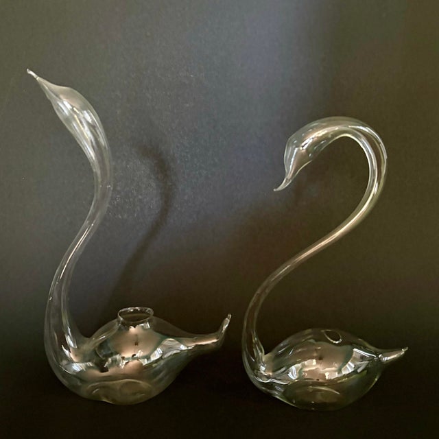 Glass Vintage Pair of Delicate Glass Swan Bud Vases – Elegant Clear Figural Glass Decor For Sale - Image 7 of 9