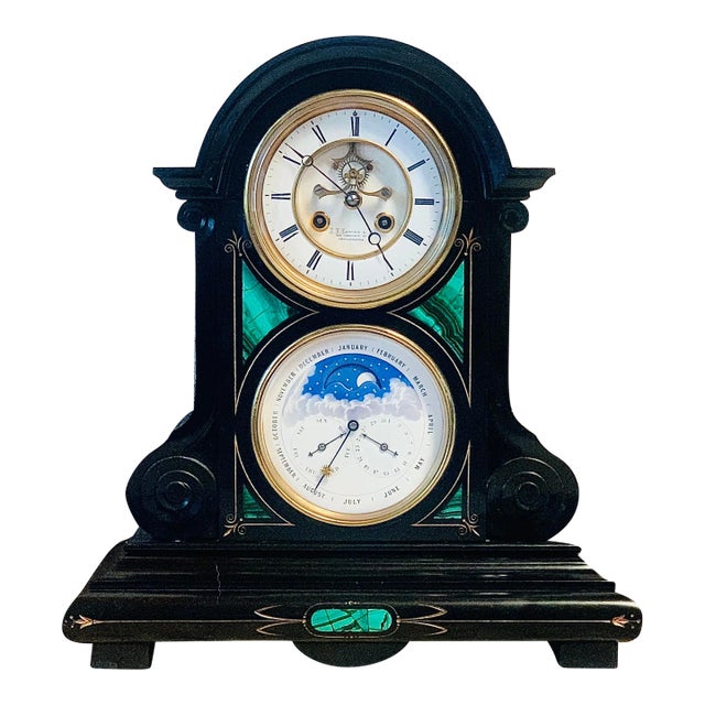 J. E. Caldwell & Co. Antique Late 19th Century French Napoleon III Period Stone Mantel Clock With Inlaid Malachite & Incised Gilt String-Work For Sale
