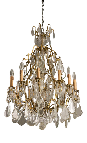 Empire Style Gilded Brass Chandelier with Scalloped Crystals, 1950s