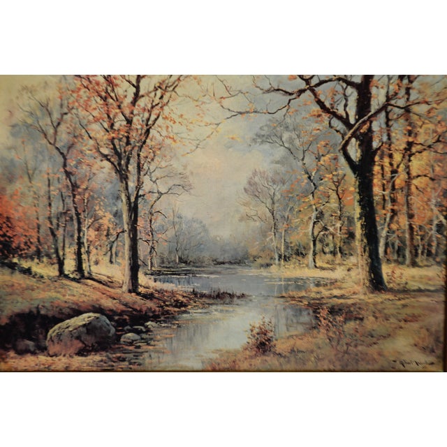 Vintage 1956 Framed October Morn Print On Board Landscape Scene By