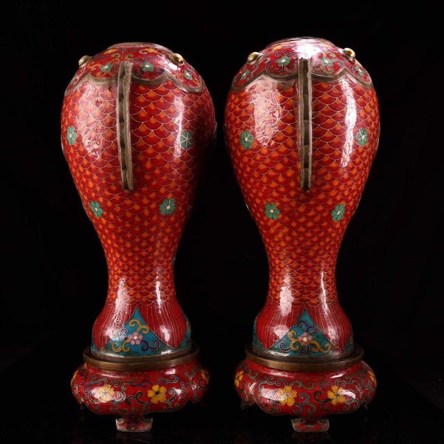 Traditional Pair of Gilt Bronze Cloisonné Enamel Fish-Form Vases For Sale - Image 3 of 9