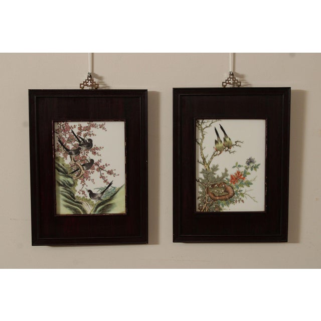 High Quality Vintage Pair of Framed Paintings on Porcelain, Each Decorated with Birds in Flowering Trees