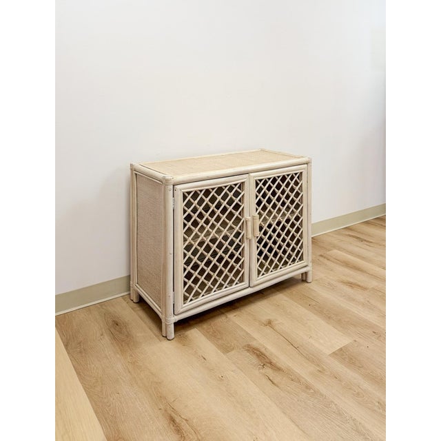 Hollywood Regency Vintage Cream Rattan Lattice Cabinet Coastal Tropical Hollywood Regency For Sale - Image 3 of 17