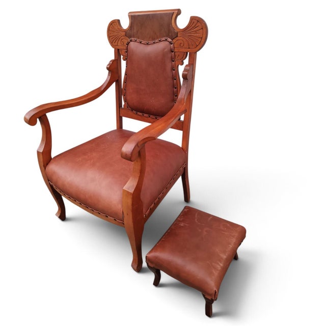 Copper Rare Antique Victorian Carved Oak & Leather Throne Armchair With Matching Ottoman For Sale - Image 8 of 12