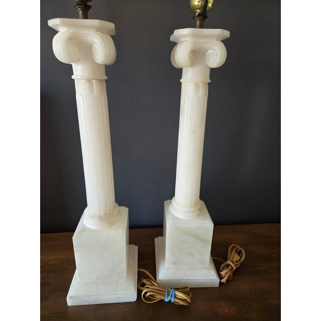 Mid 19th Century Mid 19th Century Hand Carved Italian Alabaster Neoclassical Column Table Lamps - a Pair For Sale - Image 5 of 18