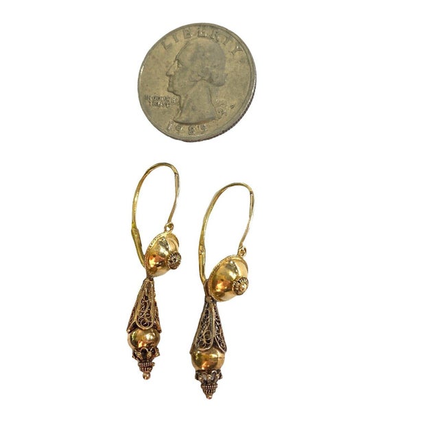 Metal Antique Gold Portuguese 18k Filigree Bomb Drop Earrings For Sale - Image 7 of 11