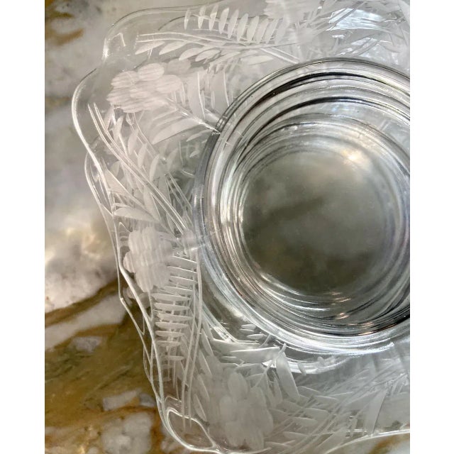 Set of 8 Clear Floral Etched Scalloped Square Glass Plates, 1930's For Sale - Image 11 of 12