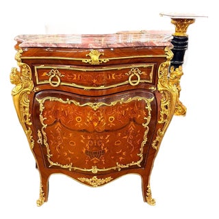 Vintage Louis XV Style Marquetry Bombe Chest Gilt Bronze Mounts & Marble Top For Sale