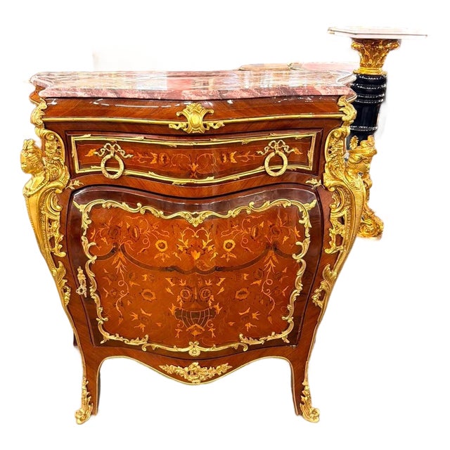 Vintage Louis XV Style Marquetry Bombe Chest Gilt Bronze Mounts & Marble Top For Sale