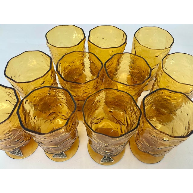 Set of 12 Vintage Mid Century Morgantown Amber Crinkled Glasses For Sale - Image 4 of 9
