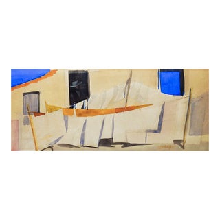 Mid 20th Century Village Laundry Line Watercolor Painting For Sale