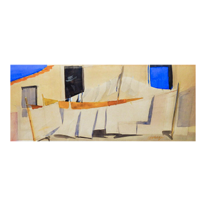 Mid 20th Century Village Laundry Line Watercolor Painting