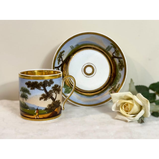 Traditional Antique Old Paris Porcelain Coffee Cup & Deep Saucer, Hand-Painted Landscape, Circa 1810 For Sale - Image 3 of 13