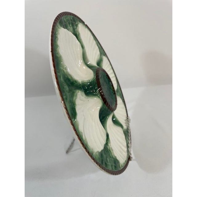 Antique 1920s French Longchamp Majolica Green and White Oyster Plate For Sale - Image 11 of 15