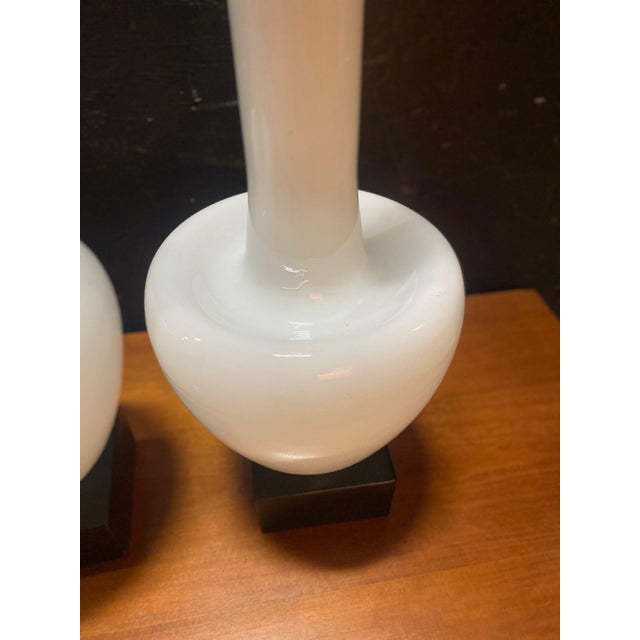 White 1960s Mid Century Modern Statuesque Cased Glass Murano Table Lamps on Black Walnut Bases - a Pair For Sale - Image 8 of 12